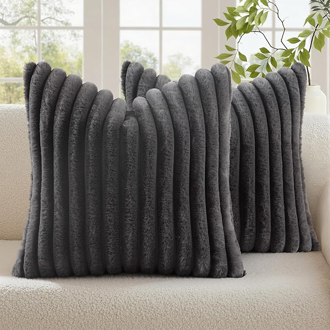 decorUhome Cozy Faux Fur Throw Pillow Covers 24x24 Set of 2 Decorative Soft Plush Striped Modern Farmhouse Boho Couch Euro Sham Pillow Cases with Velvet Back for Sofa Bed Living Room, Dark Grey