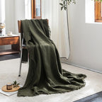 FOSSA Muslin Blanket with Fringe - 4-Layer 100% Cotton Gauze Super Soft & Breathable Throw -Lightweight Decorative Cooling Blanket for Bed, Sofa, Office (Olive Green, Throw (60" × 50"))