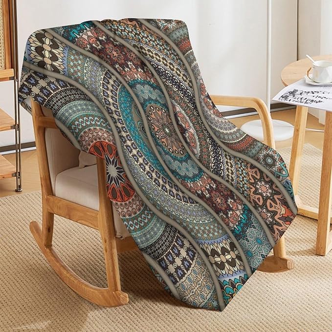 Colorful Bohemian Throw Blanket Vintage Floral Mandala Flower Aztec Boho Blanket for Sofa Bed Couch Chair Or Dorm 70"x80"