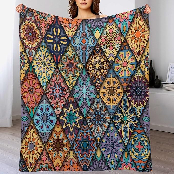 Vintage Bohemian Throw Blanket Colorful Mandala Indian Pattern Blanket for Sofa Bed Couch Chair Or Dorm 70"x80"