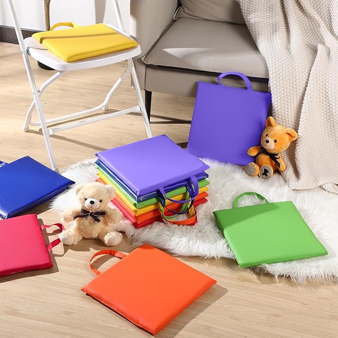 Suzile 12 Pcs 12'' Square Floor Cushions for Kids Classroom Flexible Floor Seating Elementary with Handles Classroom Carpet Cushions for Adults Toddlers Daycare Preschool School(Bright Color)
