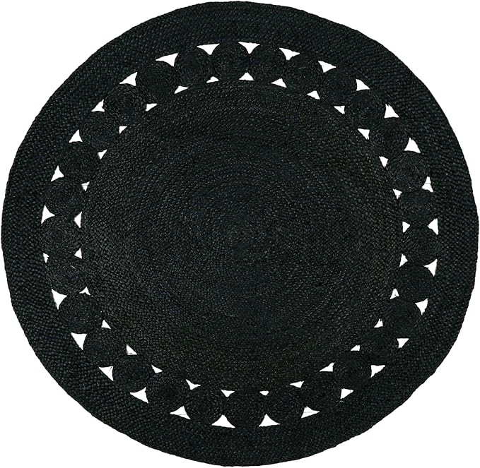 Hand Woven Braided Jute Rug - 5' Round - Black Reversible Farmhouse Rugs for Living Room, Bedroom, Dining Room, Kitchen - Natural Decorative Floor Boho Entry Area Rugs - Round Rug 5ft