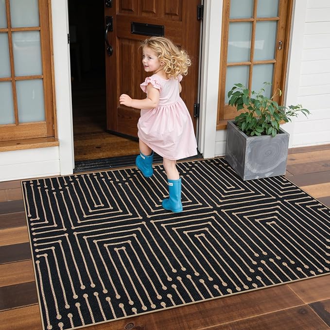 Lahome Boho 3x5 Easy Jute Rugs for Entryway, Black and White Outdoor Rug for Patio, Maze Lines Modern Indoor Outdoor Rugs, Non Slip Stain Resistant Front Door Carpet for Porch Balcony