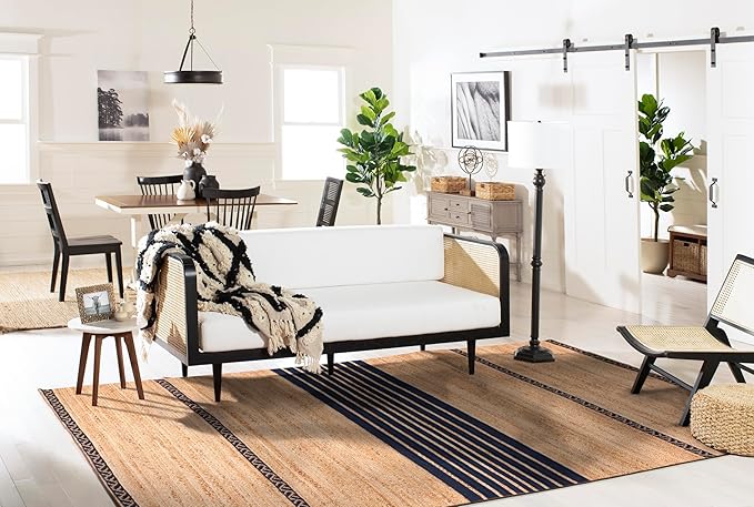 SAFAVIEH Area Rug 8x10 - Natural Fiber Collection - Large - Natural & Navy, Handmade Braided Jute, Stripe Pattern, Ideal for Living Room, Bedroom, Dining Space (NFB262N)