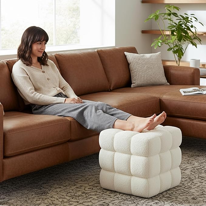 White Square Ottoman 17''3 Cube Pouf Installed,no Vacuum,Sturdy Wooden Frame,Capacity 330 lbs,Modern Sofa Stool Fuzzy Sherpa Footstool,Foot Rest,Cube Boucle,Vanity Stool,for Couch Living Room