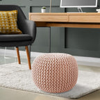 Casafield Round Pouf Ottoman, Light Pink - 20" Diameter x 14.5" High Cotton Knit Foot Stool - Boho Floor Pouffe for Living Room, Bedroom, Home Office