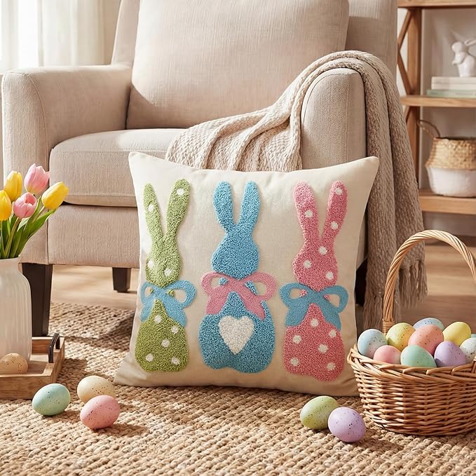 AVOIN colorlife Easter Polka Dot Heart Colorful Bunny Embroidered Throw Pillow Cover, 18 x 18 Inch Bow Rabbits Tufted Patterned Linen Decoration Cushion Case for Sofa