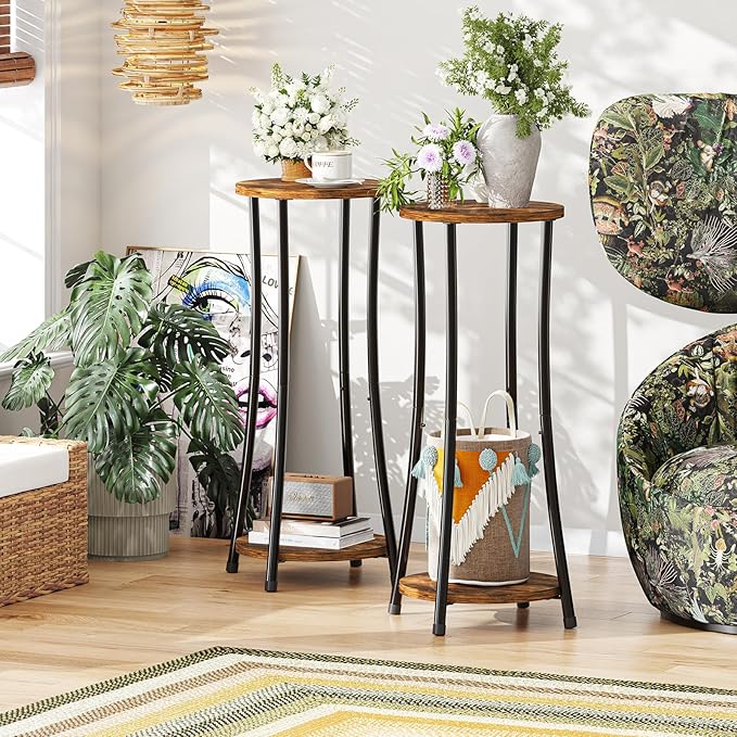 2-Pack Plant Stand Indoor Outdoor, 2-Tier Round Flower Pot Holder with Rustic Brown Finish, Corner Plant Shelf for Balcony, Garden, Patio or Living Room