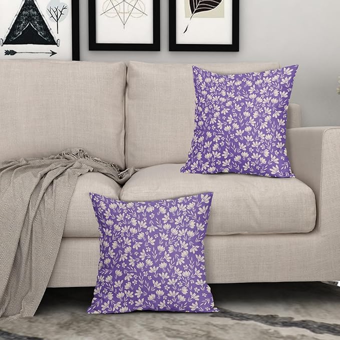 Purple Pillow Covers 16x16 Set of 2 Vintage Floral Rustic Old Style Cute Flower Print Decorative Outdoor Pillowcases Seasonal Farmhouse Throw Cushion Case Decor for Couch Sofa Bed