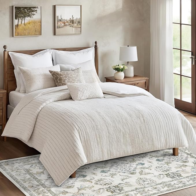 9x12 Washable Area Rugs Beige and Sage Green Vintage Boho Floral Farmhouse Rug for Living Room Bedroom, Non Slip Low Pile Carpet