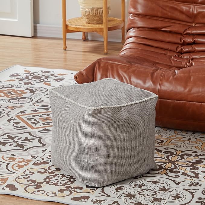 Louis Donné Unstuffed Storage Pouf Ottoman Cover 45x45 Cotton Linen DIY Decorative Footrest for Living Room Bedroom Home Office Replacement (Only Cover)