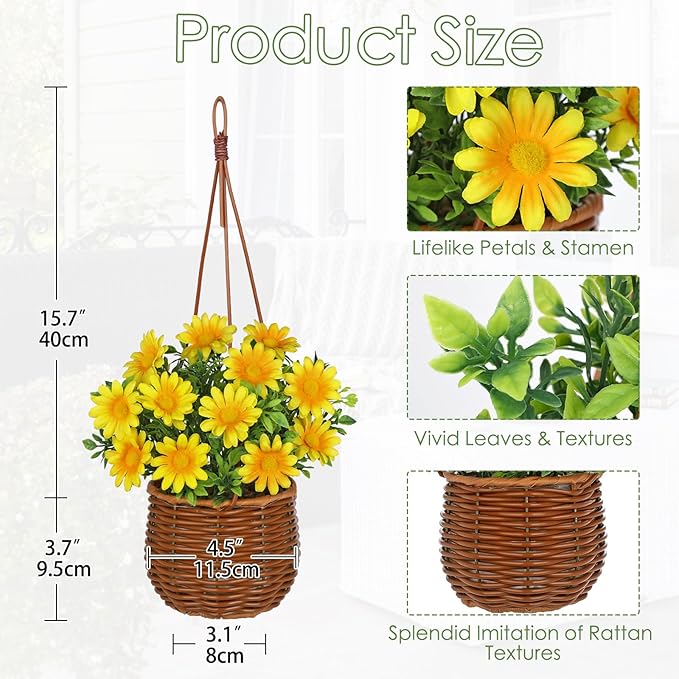 Artificial Daisy Flowers with Hanging Woven Basket, Sunny Faux Chrysanthemums in Fake Rattan Planter with Rope, Realistic Floral Arrangement for Home Porch Patio Balcony Summer Farmhouse Decor, Yellow