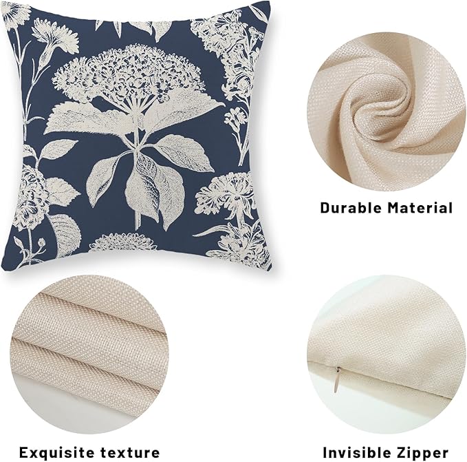 Blue Pillow Covers 20x20 Set of 2 Boho White Floral Throw Pillows Hydrangea Herbs Botanical Decoration Pillowcase Linen Farmhouse Vintage Flower Cushion Case Outdoor Decorative for Couch Sofa