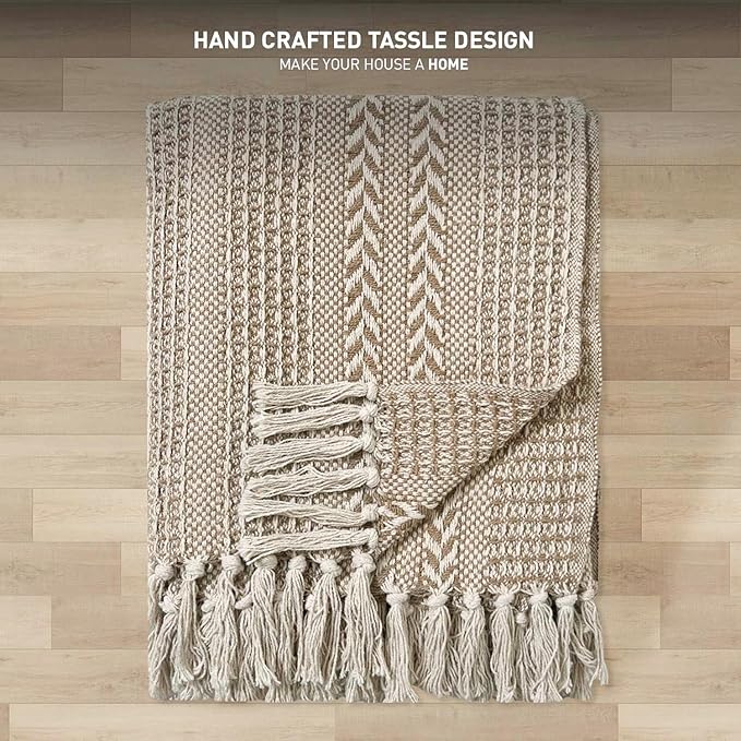 Chardin home Beige Braided Waffle Weave Throw, 50x60 Inch Recycled Cotton- Large, Wearable, Breathable, Skin-Friendly Everyday use Blanket for Couch, Bed, Sofa - Soft Lightweight Picnic Rug