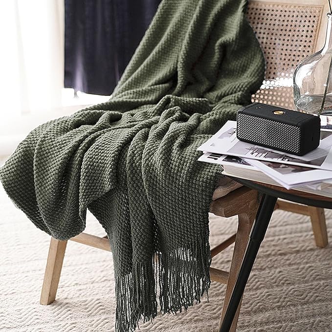 LOMAO Knitted Throw Blanket with Tassels Bubble Textured Lightweight Throws for Couch Cover Home Decor (Dark Olive, 60x90)