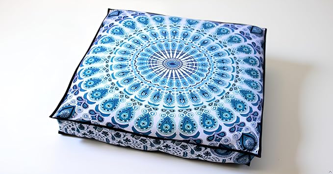 INDIAN CRAFT CASTLE 24" Green Peacock Mandala Barmeri Large Floor Pillow Cover Cushion Meditation Seating Ottoman Throw Cover Hippie Decorative Zipped Bohemian Pouf Ottoman Pom Pom Cases 24" Square