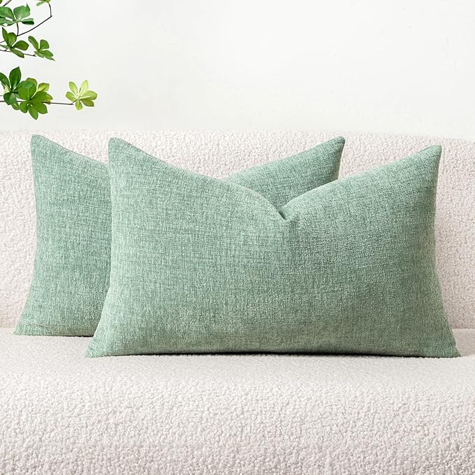 MIULEE Pack of 2 Couch Throw Pillow Covers 12x20 Inch Soft Greyish Green Chenille Lumbar Pillow Covers for Sofa Living Room Solid Dyed Cases