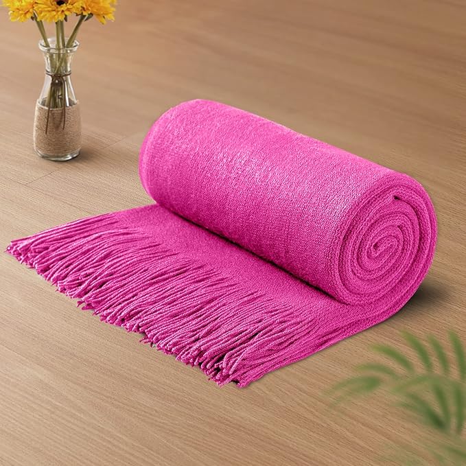 Vonty Hot Pink Knitted Blanket with Tassels Fringe 50" x 60", Super Soft Knit Throw Blanket, Farmhouse Decorative Lightweight Blanket for Couch, Sofa, Bed