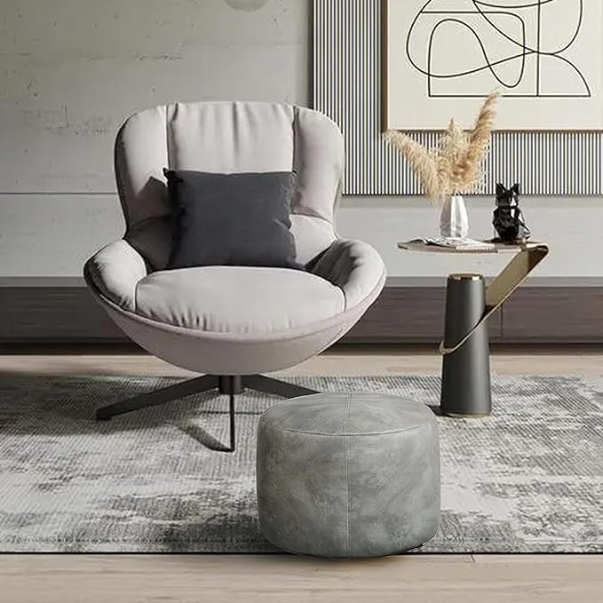 Thgonwid Unstuffed Faux Leather Pouf Cover, Handmade Footstool Ottoman Storage Solution, Floor Footrest Cushion - 16.5”Dx12”H, Grey