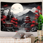 Mountain Forest Nature Tapestry for Bedroom, Black and White Moon Landscape Wall Hanging, Tree Sunset Dark Large Asia Japanese Tapestries Aesthetic Anime Art Decor for Living Room College Dorm, 40x30