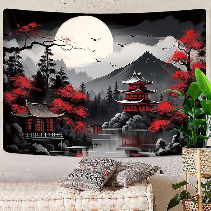 Mountain Forest Nature Tapestry for Bedroom, Black and White Moon Landscape Wall Hanging, Tree Sunset Dark Large Asia Japanese Tapestries Aesthetic Anime Art Decor for Living Room College Dorm, 80x60