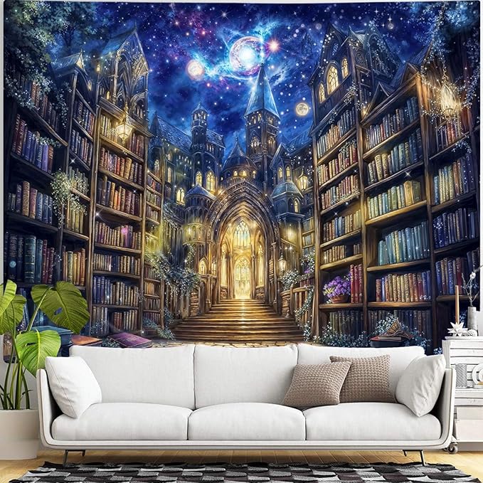 Accnicc Fantasy Bookshelf Tapestry Space Library Tapestries Wall Hanging Gothic Galaxy Castle Magic Book Extra Large Tapestry for Bedroom Living Room Dorm Classroom 90 x 68 inch