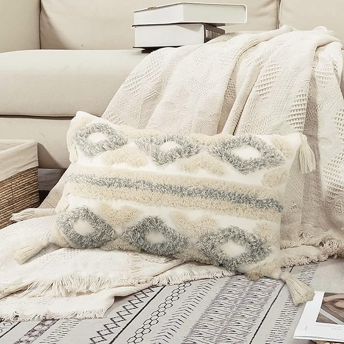 Merrycolor White Grey Boho Throw Pillow Covers 12x20 with Tassels Tufted DecorativeThrow Pillows Neutral Accent Pillowcase Farmhouse Square Cushion Covers for Couch Sofa Bedroom Living Room