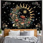 Racunbula Floral Plants Tapestry Sun and Moon Tapestry Retro Botanical Flowers Butterfly Tapestries Black Starry Sky Wall Art Vintage Boho Aesthetic Tapestries Wall Hanging for Bedroom