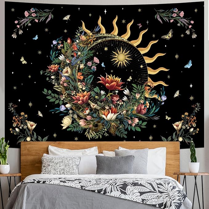 Racunbula Floral Plants Tapestry Sun and Moon Tapestry Retro Botanical Flowers Butterfly Tapestries Black Starry Sky Wall Art Vintage Boho Aesthetic Tapestries Wall Hanging for Bedroom