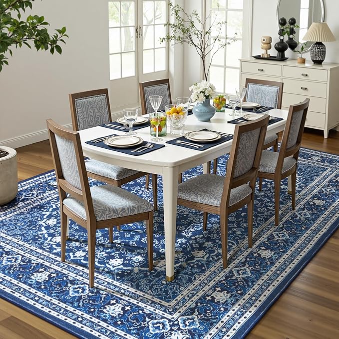 Lofus 9x12 Area Rugs for Living Room, Machine Washable Non-Slip Area Rug, Low Pile Large Rugs for Bedroom, Kitchen, Dining Room, Home Office, Vintage Oriental Print Rug, Dark Blue with White