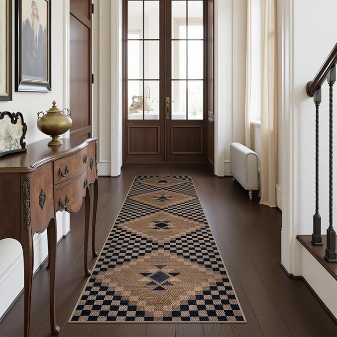 LIVEBOX Easy Jute Rug Runner for Hallway Non Slip, Washable Rug 2x8 for Kitchen, Black Checkered Long Hallway Rugs, Farmhouse Carpet Runner for Laundry Room Bedroom