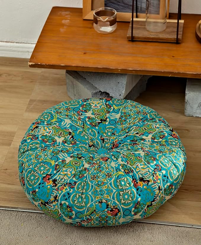 Cotton Linen Morocco Floor Cushions, Meditation Pillow, Futon Tatami Mats, Large Round Cushions for Outdoor Fireplace Yoga Living Room Reading Nook (Blueb,22''x22'')