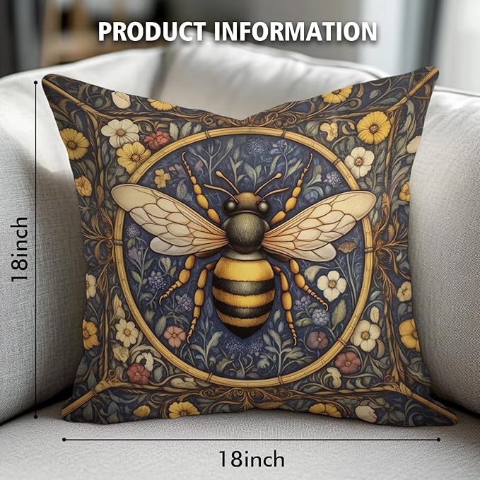 YOU FOUND ME William Morris Abstract Vintage Floral Bee Design Velvet Throw Pillow Covers Home Decor, Retro Art Decor Pillowcase Cushion Cover for Bed Sofa Living Room, Square 18x18inch (Bee)