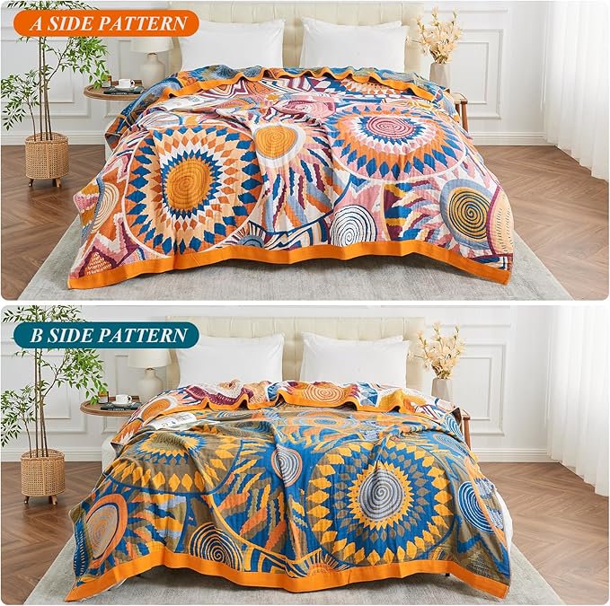 Boho Throw Blanket for Bed-100% Cotton Soft Breathable Farmhouse Decor Boho Quilt for Sofa (Colorful Sun, 80"x90")
