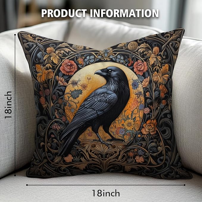 William Morris Abstract Vintage Floral Velvet Black Crow Design Throw Pillow Covers Home Decor, Retro Art Decor Pillowcase Cushion Cover for Bed Sofa Living Room, Square 18x18inch (Black-Crow)