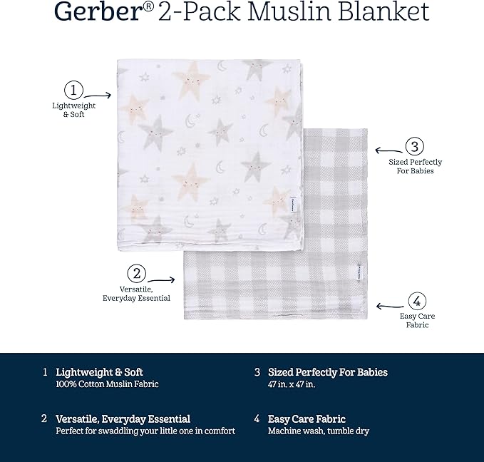 Gerber Baby Unisex 2-Pack Muslin Blanket, Celestial, One Size