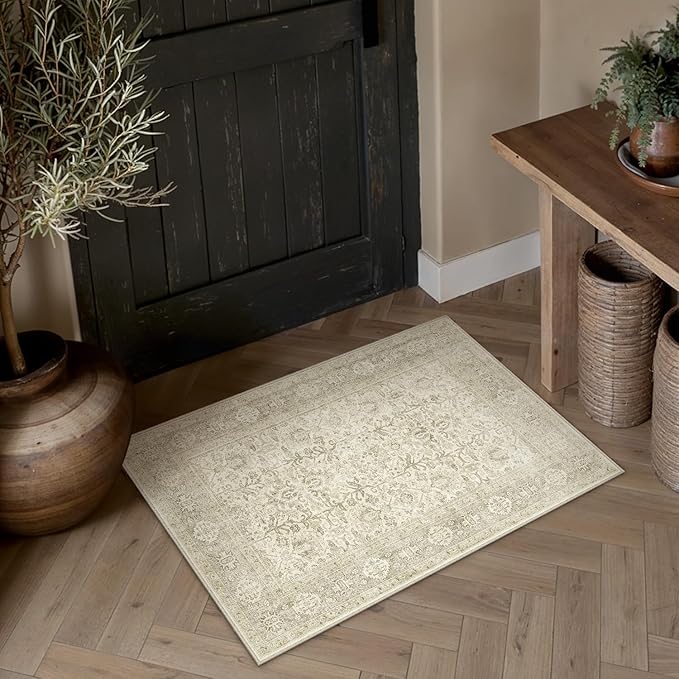 Beige Entryway Rug 2x3 Vintage Area Carpet Indoor Kitchen Washable Door Mat Living Room Entrance Small Low Pile Traditional Distressed Retro Accent Throw Rug Non Slip Office Bathroom