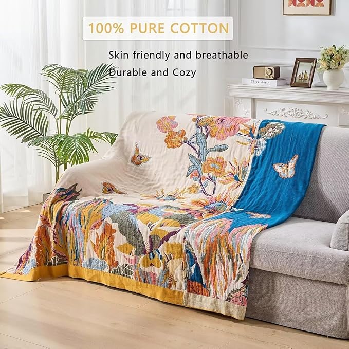 Boho Throw Blanket Farmhouse Decor Throw Blanket Bohemian Blanket for Bed 100% Cotton Muslin Woven Couch Blanket All Seasons Quilt Bedroom (Yellow, 60"x80")