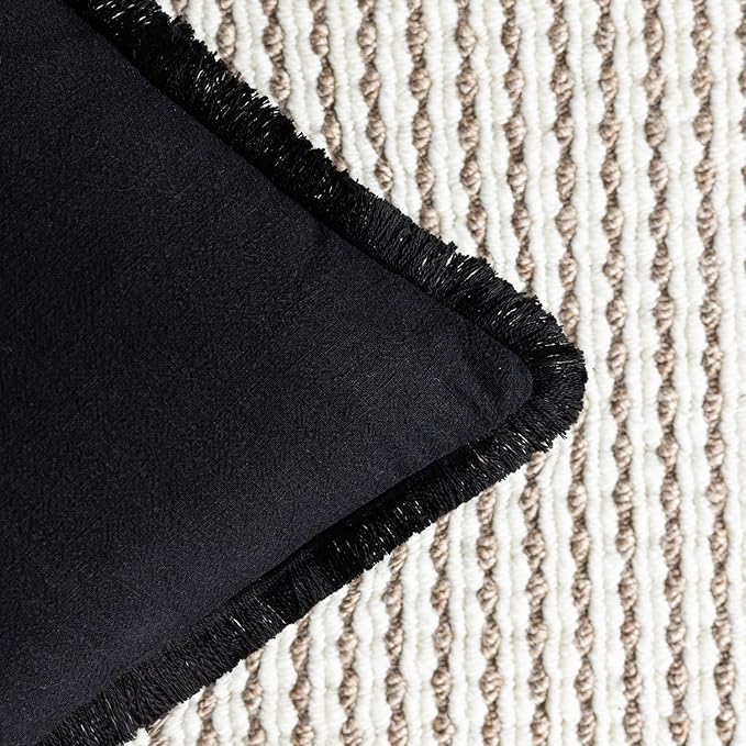 Foindtower Set of 2 Decorative Linen Fringe Throw Pillow Covers Cozy Boho Farmhouse Cushion Cover with Tassels Soft Accent Pillowcase for Couch Sofa Bed Living Room Home Decor, 26×26 Inch, Black