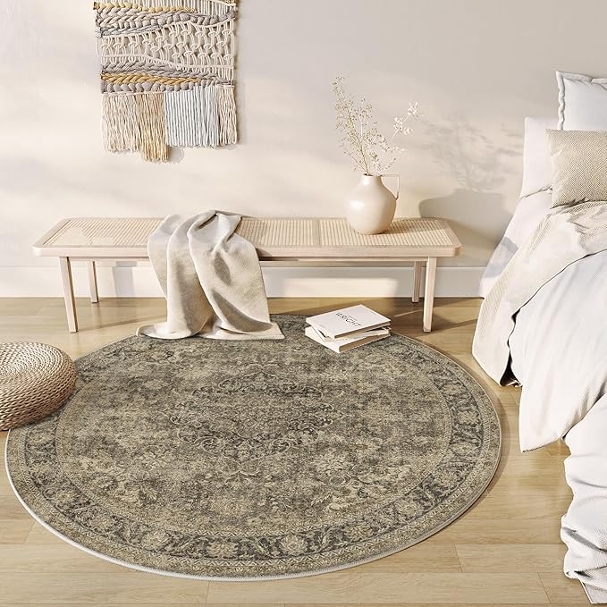5x5 Washable Brown Round Rug Vintage Entryway Kitchen Cirlce Rug Non-Slip Soft Low Pile Distressed Indoor Carpet for Entrance Bathroom Dining Room