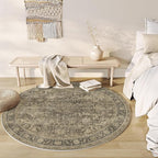 5x5 Washable Brown Round Rug Vintage Entryway Kitchen Cirlce Rug Non-Slip Soft Low Pile Distressed Indoor Carpet for Entrance Bathroom Dining Room