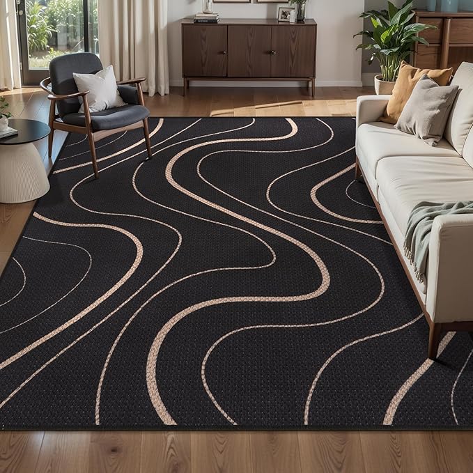 Tangsoo Easy Jute 4x6 Area Rug for Patio,Modern Washable Outdoor Thin Rug Non Slip Black Lines Indoor Carpet Farmhouse Throw Mat for Front Porch Balcony Living Room Diningroom