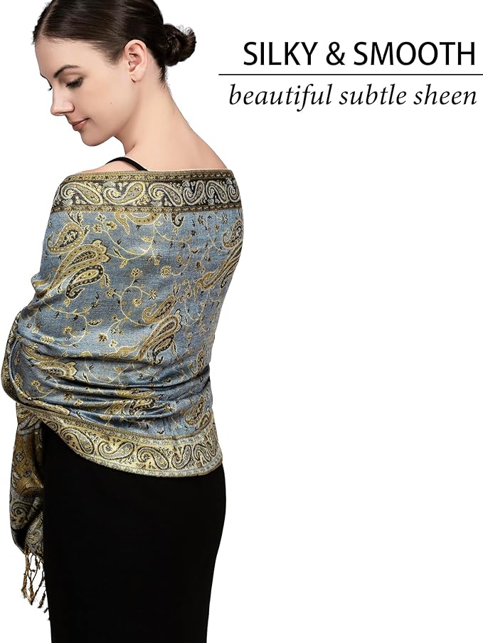 Achillea Reversible Paisley Pashmina Rave Scarf – Exotic Indian Shawls and Wraps for Evening Dresses, Festivals, All Seasons