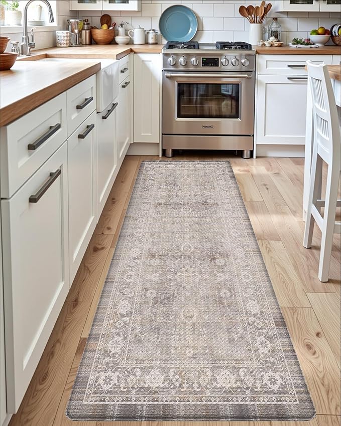 DEXI Kitchen Floor Mats Cushioned Anti Fatigue, 23x59 Long Wide Standing Comfort Runner Rug, Waterproof Retro Floral Memory Foam Padded for Front Sink Laundry, Beige Grey