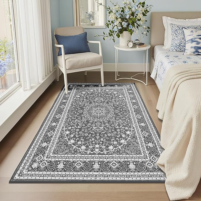 Lessymo 3 x 5 Area Rugs for Living Room- Machine Washable Area Rugs Boho Faux Wool Low Pile Area Rug for Bedroom Floral Medallion Vintage Rugs with Non-Slip Rubber, Kid & Pet Friendly,Grey White