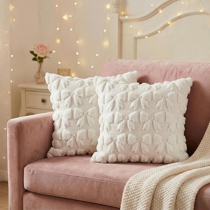 AVOIN colorlife Cream White Spring Bow Throw Pillow Covers Set of 2, 16 x 16 Inch Coquette Aesthetic Room Decor Soft Plush Faux Fur Cushion Case for Girls Room