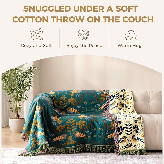 Boho Throw Blanket for Bed 100% Cotton Soft Quilt Spring Lightweight Blanket Bird Floral Embroidery Room Decor Twin Bed Blankets,60"x80" All Season Breathable Throw for Sofa&Couch Chair