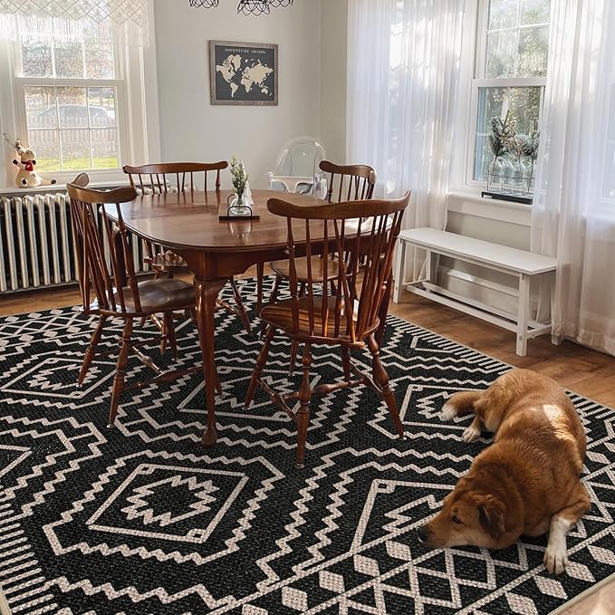 Lahome Bijou Moroccan Easy Jute 6x9 Rug for Living Room, Washable Indoor Outdoor Patio Rug, Farmhouse Dining Room Carpet Non Slip Contemporary Black Carpet for Backyard Deck Office Decor
