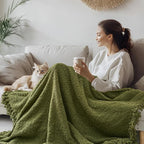 Throw Blanket for Couch, Olive Green Luxury Knitted Throws 60"x80", Textured Blankets with Handmade Fringe Tassels for Bed Sofa Decorative, Chunky Soft Farmhouse Boho Home Decor