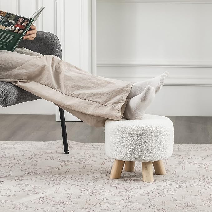 Asense 11-inch Round Ottoman Footstool,Small Padded Seat with Wood Legs,Foot Rest Stool for Living Room Bedroom Couch,White